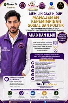 An infographic titled 'MEMILIH GAYA HIDUP MANAJEMEN KEPEMIMPINAN SOSIAL DAN POLITIK' featuring a man in a purple vest and various leadership-related icons and Indonesian text.