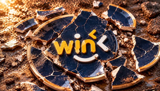 A close-up render of a shattered casino chip displaying the 'WIN' casino brand logo in gold lettering, with broken pieces scattered on a gritty surface.