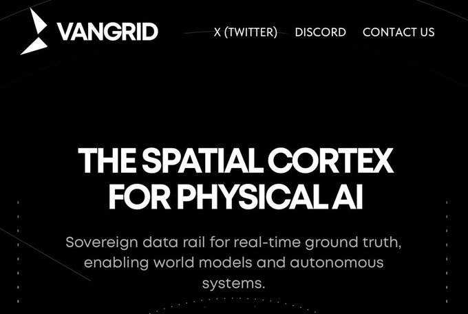 A website header for VANGRID featuring the tagline 'THE SPATIAL CORTEX FOR PHYSICAL AI' describing it as a sovereign data rail for real-time ground truth.