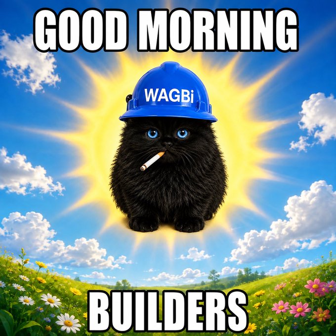 A meme-style image of a fluffy black cat wearing a blue hard hat labeled "WAGBi" and smoking a cigarette, set against a sunny sky with the text "GOOD MORNING" and "BUILDERS".