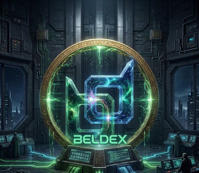 A futuristic sci-fi graphic showing a glowing blue and green geometric emblem inside a golden ring, set in a high-tech control room overlooking a city, with the word "BELDEX" displayed prominently below.