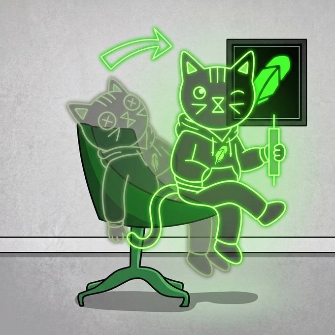 A digital illustration of a neon green cat-like character sitting in an office chair holding a stylus, with an arrow indicating it is moving out of a faded, X-eyed version of itself, suggesting a transformation or resurrection.