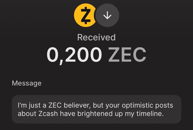 A screenshot showing 0.200 ZEC received with the message "I'm just a ZEC believer, but your optimistic posts about Zcash have brightened up my timeline," directly illustrating the giveaway the post is based on.
