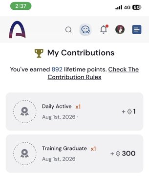 A screenshot of the "My Contributions" page on Arc showing 892 lifetime points earned, including 1 "Daily Active" point and 300 "Training Graduate" points awarded on Aug 1st, 2026. The image supports the post celebrating the user's completion of the Programmable Money on Arc Bootcamp by visually confirming the 300 graduate points they received.