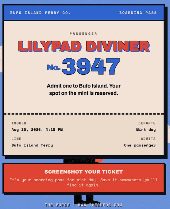 A digital 'Bufo Island Ferry Co.' boarding pass for passenger 'LILYPAD DIVINER' No. 3947, departing Mint day at 4:15 PM, with a note to 'SCREENSHOT YOUR TICKET'.