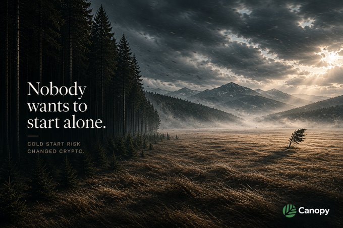 The image shows a forest with mountains in the background under cloudy skies. The caption reads "Nobody wants to start alone. Cold start risk changed what crypto optimized for. Projects stopped chasing independence, liquidity, validators, and distribution instead. That's how decentralization slowly became ecosystem dependence."