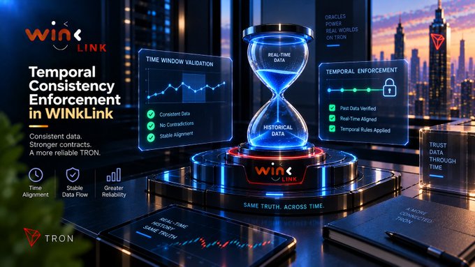 A promotional graphic for WinkLink titled 'Temporal Consistency Enforcement in WINKLink' shows an hourglass labeled 'REAL-TIME DATA' and 'HISTORICAL DATA' alongside panels for 'TIME WINDOW VALIDATION' and 'TEMPORAL ENFORCEMENT' against a city skyline, with the Tron logo and the tagline 'SAME TRUTH. ACROSS TIME.'
