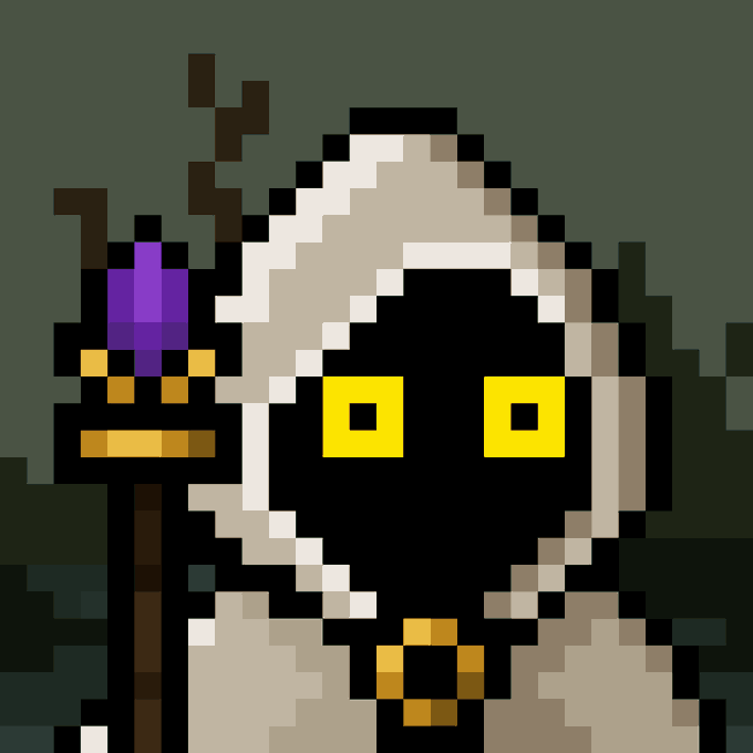 Pixel art of a mysterious hooded figure with glowing yellow square eyes, holding a staff topped with a purple flame.