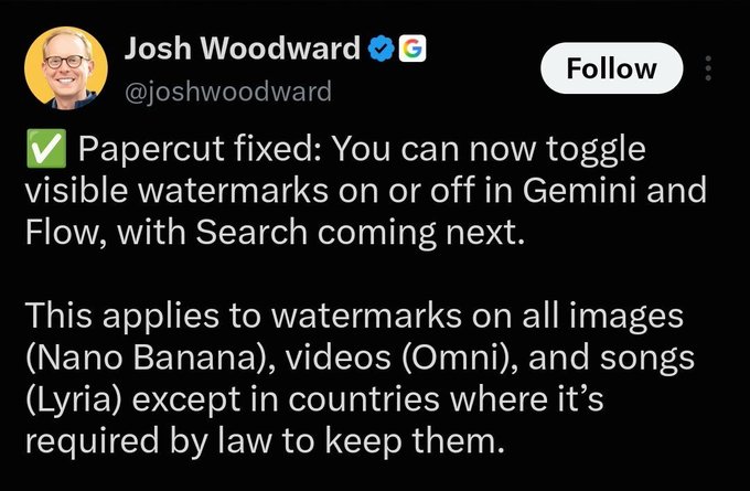 A screenshot of a tweet from Josh Woodward (@joshwoodward) showing a large conference room with attendees seated around a U-shaped table setup. The tweet text reads: "Papercut shipped: you can now toggle off the watermarks in Gemini + Flow. It's a personal preference -- some people don't like seeing them, that's fine, but it should be a personal preference. Coming to Search soon."