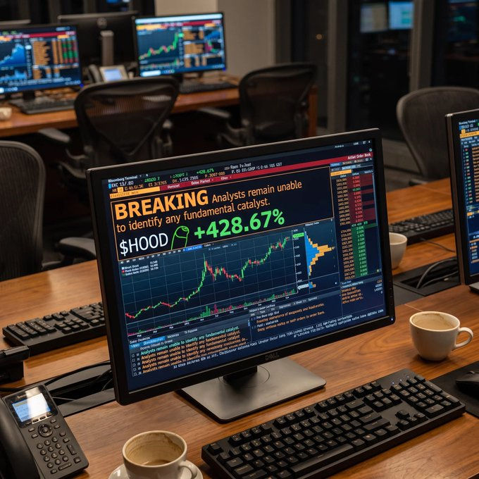 A trading workstation displaying multiple monitors with stock charts; the main screen shows 'BREAKING' news and a $HOOD stock price up +428.67%.