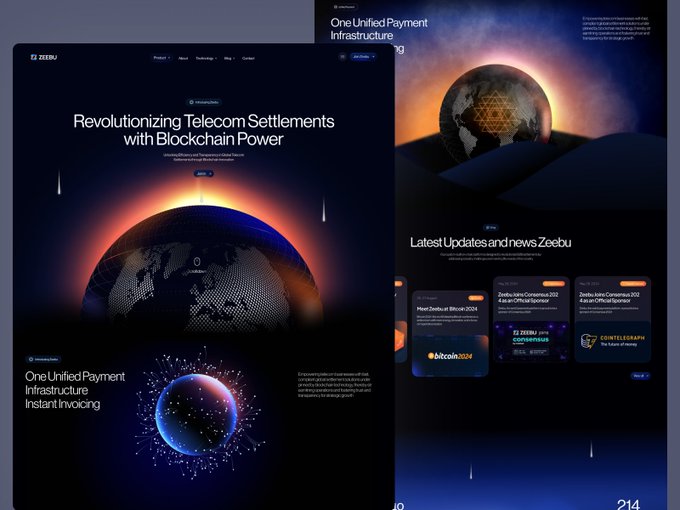 Dark-themed website design mockups for 'ZEEBU' with the headline 'Revolutionizing Telecom Settlements with Blockchain Power' and sections like 'One Unified Payment Infrastructure'.