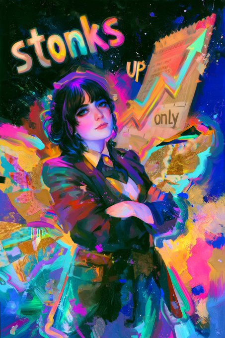 A vibrant, colorful digital painting of a woman in a suit with the text 'stonks up only' and an upward-pointing arrow, surrounded by abstract brushstrokes and gold accents.