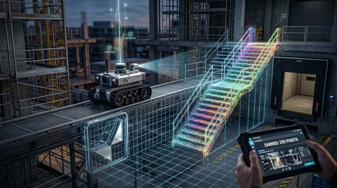 A futuristic 3D rendering of a tracked robot scanning an industrial staircase with colorful point-cloud data, while a hand holds a tablet displaying 'EARNED: 250 POINTS' and a map view.