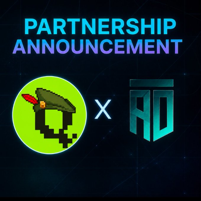 A "PARTNERSHIP ANNOUNCEMENT" graphic features the pixelated Quivers logo on the left, an "X" in the center, and a stylized "AO" shield emblem on the right against a dark background, visually representing the official collaboration announced in the post.