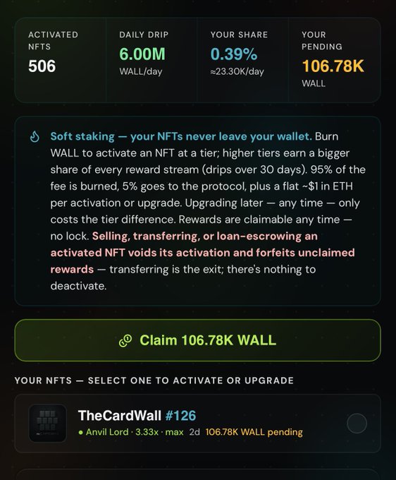 The image shows a soft-staking dashboard with 506 activated NFTs generating 6.00M WALL/day, a 0.39% share (~23.30K/day), and 106.78K WALL pending to claim, including one highlighted "TheCardWall #126" NFT. This directly supports the post celebrating the NFT crossing 100K $WALL in staking rewards within the Stonkbrokers ecosystem.