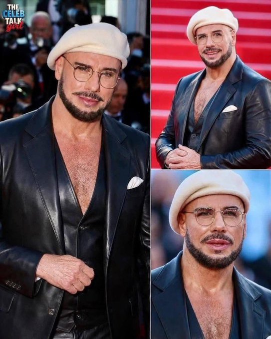 A collage of three photos features a man in a black suit and white hat, with the first photo showing him on stage at a red carpet event, the second photo capturing him posing for a magazine cover, and the third photo featuring him standing against a blurred background.