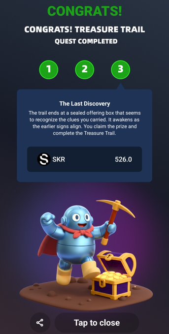 A mobile app reward screen displaying 'CONGRATS! TREASURE TRAIL QUEST COMPLETED' with steps 1, 2, and 3, awarding 526.0 SKR tokens alongside a 3D illustration of a blue superhero-like character with a hammer next to a treasure chest.