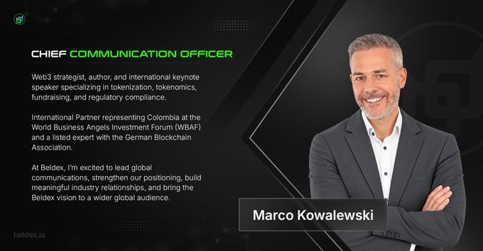 A professional profile slide introduces "Marco Kowalewski" as "Chief Communication Officer" at Beldex, describing him as a Web3 strategist, author, and international partner representing Colombia at the World Business Angels Investment Forum.