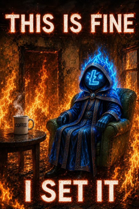 The image features a poster with an illustration of a person wearing a robe, sitting in a chair, and holding a cup of coffee. The background shows a fire burning brightly behind the person, creating a dramatic effect. Below the illustration, there is text that reads "This is fine I set it".