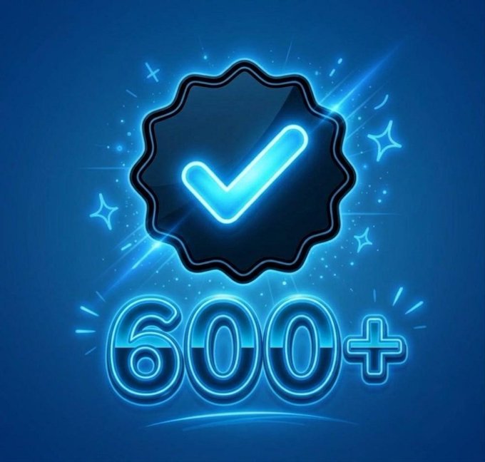 A glowing neon blue badge with a checkmark and "600+" text on a dark blue background, visually promoting the offer of gaining 600+ verified followers mentioned in the post.