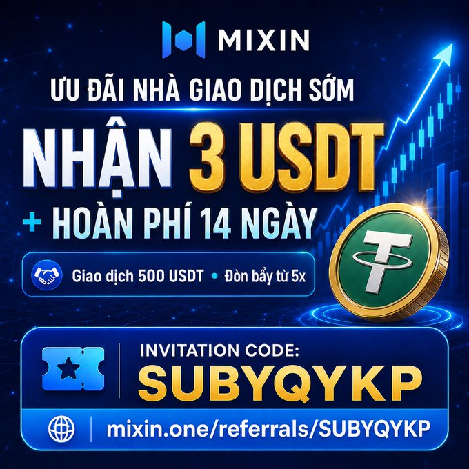 A Mixin promotional graphic offering early-bird rewards of 3 USDT and a 14-day trading fee rebate for trades starting at 500 USDT with 5x leverage, featuring invitation code "SUBYQYKP" and referral link mixin.one/referrals/SUBYQYKP, alongside a Tether (USDT) coin illustration.