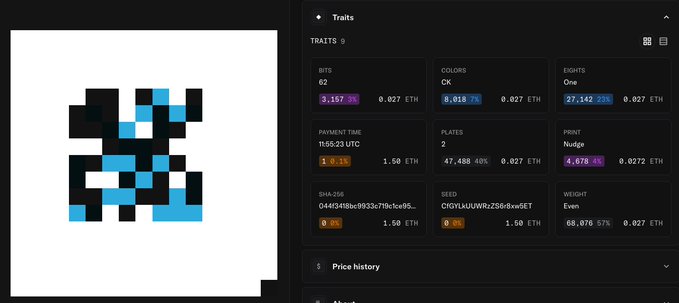 CryptoPunk NFT traits page showing a pixel art character with details including BTD 62 (3.157 ETH), Colors OK, Drips One, Payment Time, Plates, Print Nudge, and various other attributes.