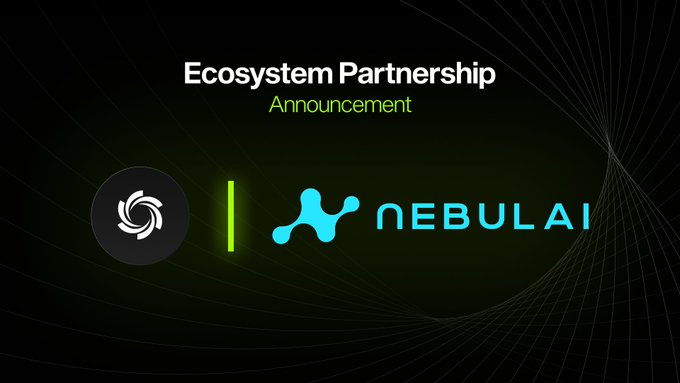 The image features an "Ecosystem Partnership Announcement" between two brands, displaying a circular black-and-white swirl logo on the left and the cyan "NEBULAI" wordmark with its node-style icon on the right, separated by a green vertical line. The graphic visually reinforces the post's message of a partnership between Ozak AI and Nebulai, highlighting Nebulai's role in enabling browser-native, decentralized GPU/CPU contributions for AI inference and training.