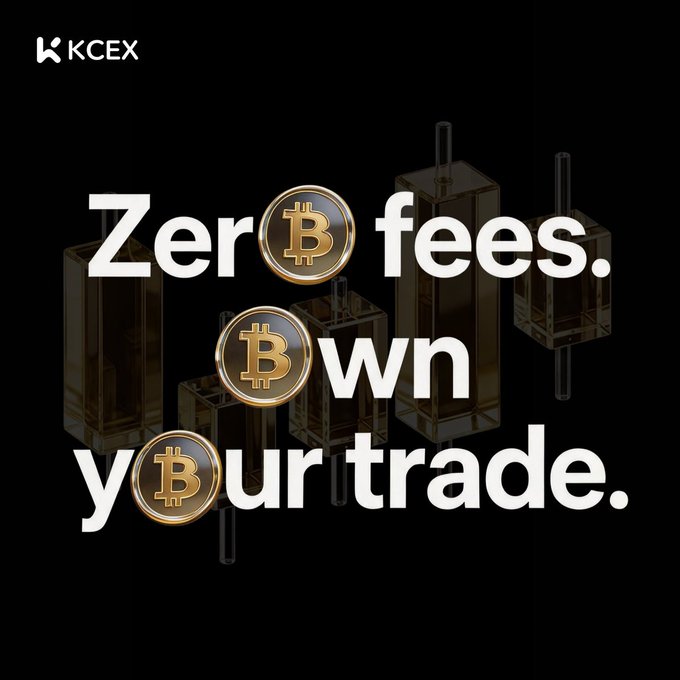 An advertisement for KCEX exchange with the text 'Zero fees. Own your trade.' displayed in white text against a black background with golden candlestick chart graphics and Bitcoin coin icons.