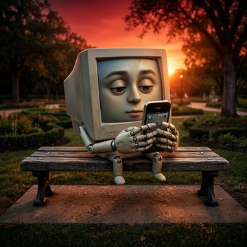 A melancholic robot with a CRT monitor head sits on a park bench at sunset, holding a smartphone in its mechanical hands.