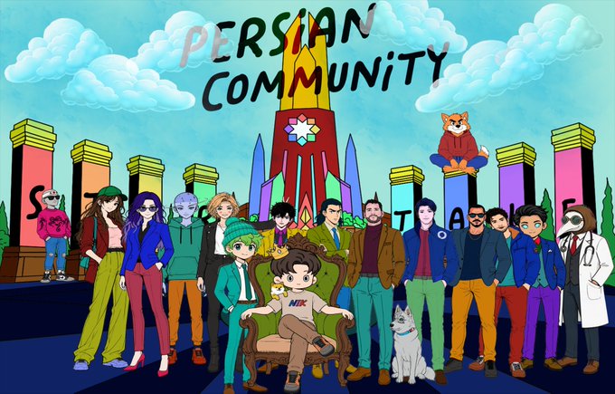 An illustration of various anime-style characters gathered in front of a colorful castle labeled 'PERSIAN COMMUNITY' with the word 'STATE' visible in the background.