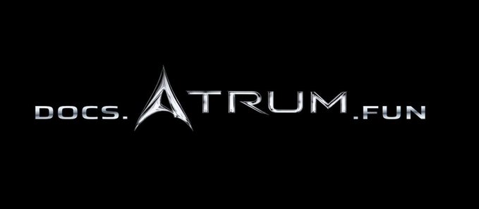 A metallic silver logo on a black background reading "DOCS.ATRUM.FUN" with a stylized "A" integrated into the design.