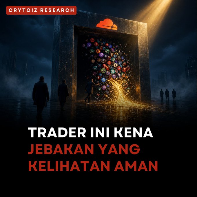 A dramatic digital artwork with 'CRYTOIZ RESEARCH' at the top, showing silhouettes of people near a large portal releasing a torrent of colorful coins, with the text 'TRADER INI KENA JEBAKAN YANG KELIHATAN AMAN' below.