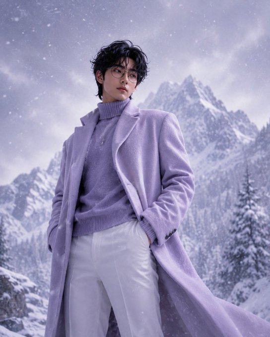 A young man with dark hair and round glasses, wearing a lavender overcoat and turtleneck, stands in a snowy mountain landscape.