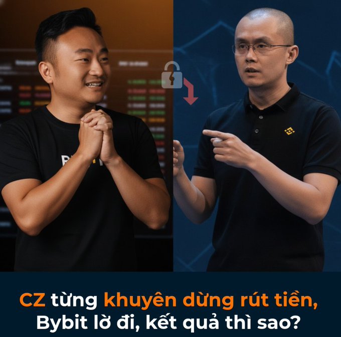 A split image of two men in black polo shirts with a unlock and arrow icon between them, with Vietnamese text reading 'CZ từng khuyên dùng rút tiền, Bybit lỗ dị, kết quả thì sao?'