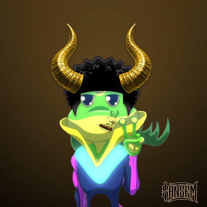 A cartoon illustration of a green frog character with a black afro and large golden horns, wearing a colorful outfit, smoking a cigar and making a peace sign, with the signature '$ANSEM' in the bottom right.