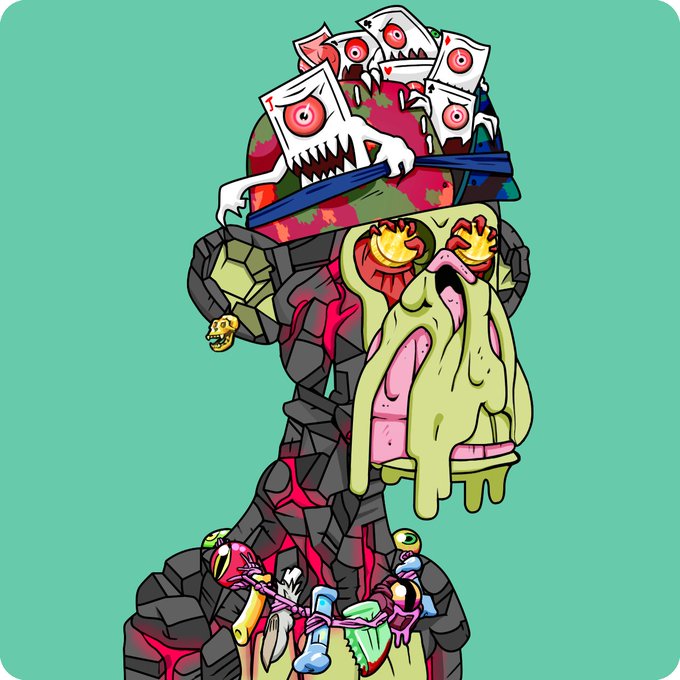 The image features an anthropomorphic monkey wearing a hat with a skull design and holding a gun. The background of the image is green, which contrasts with the colorful elements of the monkey's outfit and accessories. The caption "Have a great weekend, Bored Apes~ #BAYC" suggests that this image might be related to a social media post or a humorous meme featuring the monkey character.
