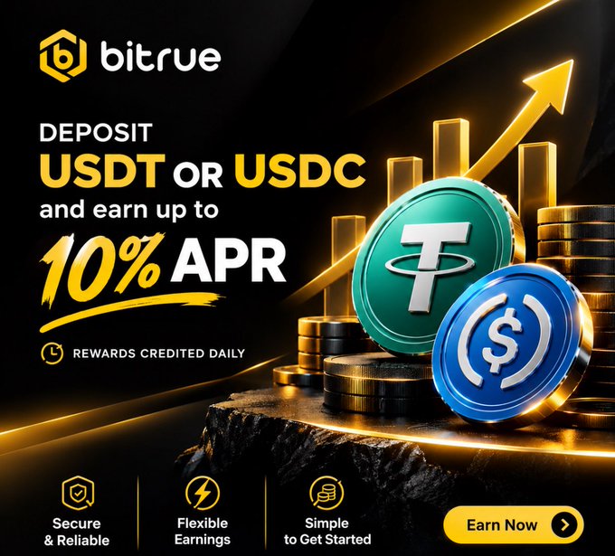 A Bitrue cryptocurrency advertisement promoting 'DEPOSIT USDT OR USDC and earn up to 10% APR' with 'REWARDS CREDITED DAILY,' featuring stacks of gold coins and USDT/USDC tokens.