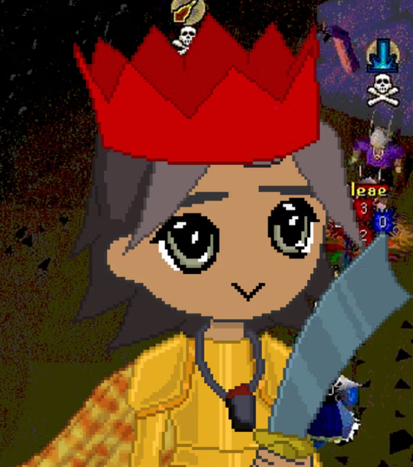 A pixel-art style animated character with gray hair and a red crown holds a blue feather quill, set against a dark fantasy background.