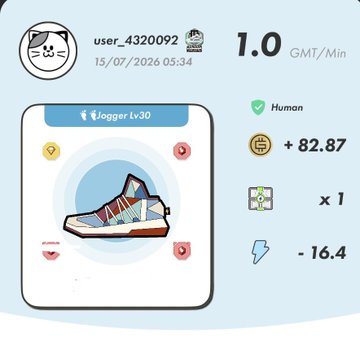 A StepN-style fitness app screenshot showing a 'Jogger Lv30' blue sneaker NFT for user_4320092 with stats '+ 82.87', 'x 1', and '- 16.4' on a light blue background.