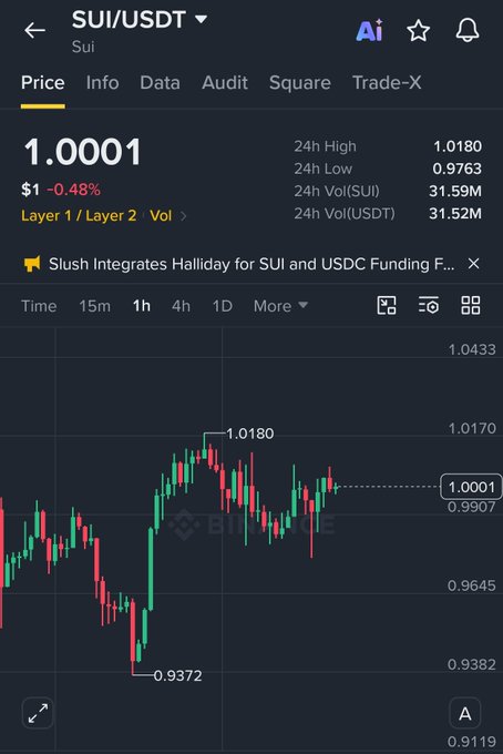A mobile trading app screenshot from Binance showing the SUI/USDT price at 1.0001, down 0.48%, with a candlestick chart and 24-hour high/low data.