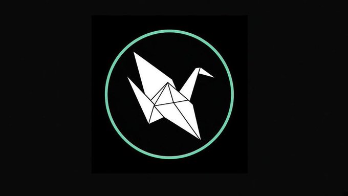 A minimalist logo featuring a white geometric origami bird centered within a teal circle on a black background.