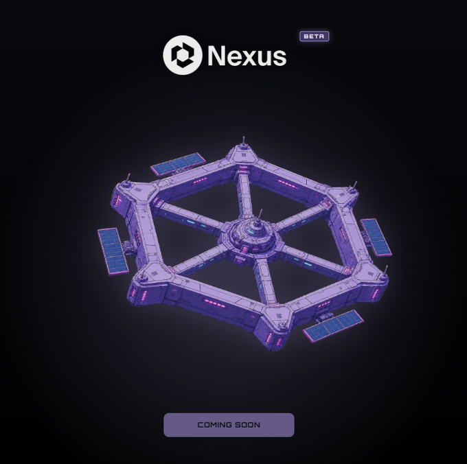 The image shows a purple hexagonal space station with six solar panels on its sides. The text "Nexus" is displayed above the space station, indicating that it's a new release or upcoming game. The image also includes a caption about the Nexus game router and how it powers agents in the game.