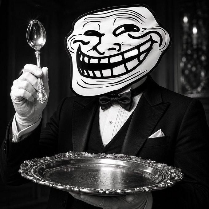 A formally dressed butler wearing a grinning Trollface mask holds up an ornate silver platter and spoon, visually embodying the post's metaphor of $Troll being "handed on a silver platter with a silver spoon."