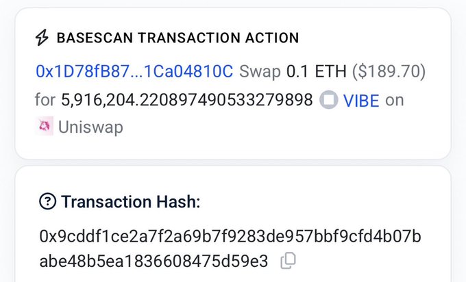 A BaseScan transaction showing a swap of 0.1 ETH ($189.70) for approximately 5.9M $VIBE tokens on Uniswap, with transaction hash 0x9cddf1ce2... confirming Jerry's additional token purchase referenced in the post.