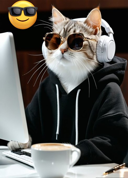 The image features a cat wearing sunglasses and a hoodie while sitting at a desk with a computer, keyboard, and coffee cup nearby. The cat appears to be dressed up as if it were a human, possibly for a photo or video project. The caption of the image reads "Gud night homies Many people see @wallchain as just Quacks, but the real deal is its system which uses AI to find good content, reduce duplicates and noise and make online information more quality. And on the other side crypto won't grow from technical knowledge alone". This suggests that the cat's outfit could be related to a creative project or an advertisement for @wallchain, where the cat serves as a mascot or symbol for the platform.