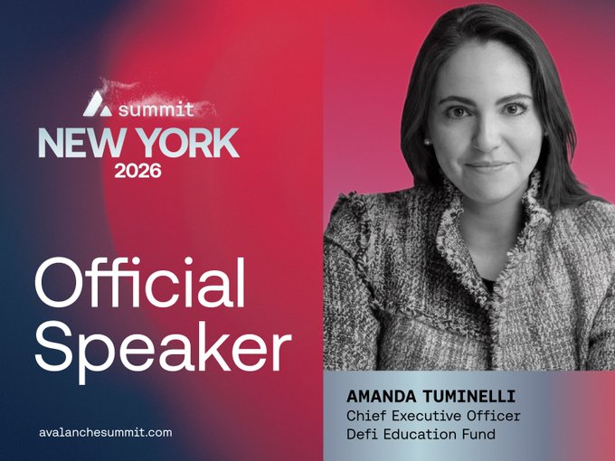 A promotional graphic for the 'Avalanche Summit New York 2026' announcing 'Official Speaker Amanda Tuminelli, Chief Executive Officer, DeFi Education Fund' alongside her portrait.