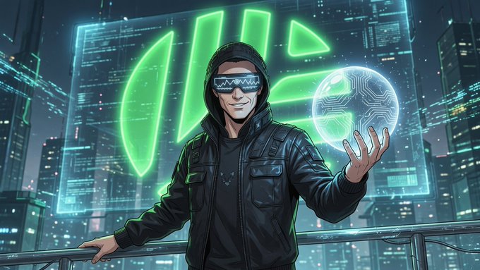 A digital illustration of a hooded figure wearing AR glasses and holding a glowing circuit-board globe, set against a cyberpunk backdrop featuring a green geometric logo and futuristic cityscape.