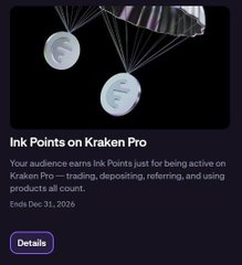 A promotional graphic titled 'Ink Points on Kraken Pro' shows parachutes landing with the text: 'Your audience earns Ink Points just for being active on Kraken Pro - trading, depositing, referring, and using products all count.' ending Dec 31, 2026.