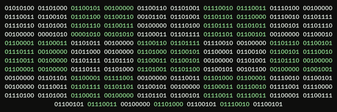 A block of green binary code displayed on a black background, visually representing the autonomous AI agent system described in the post—where machine intelligence handles the behind-the-scenes operations of the ad grid and mining protocol rather than engaging in debate.