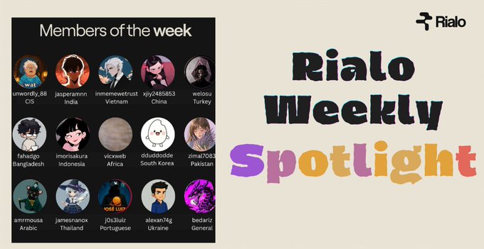 A graphic for 'Rialo Weekly Spotlight' features 'Members of the week' with profile pictures and usernames from various countries including India, Vietnam, China, Turkey, Bangladesh, and Pakistan.